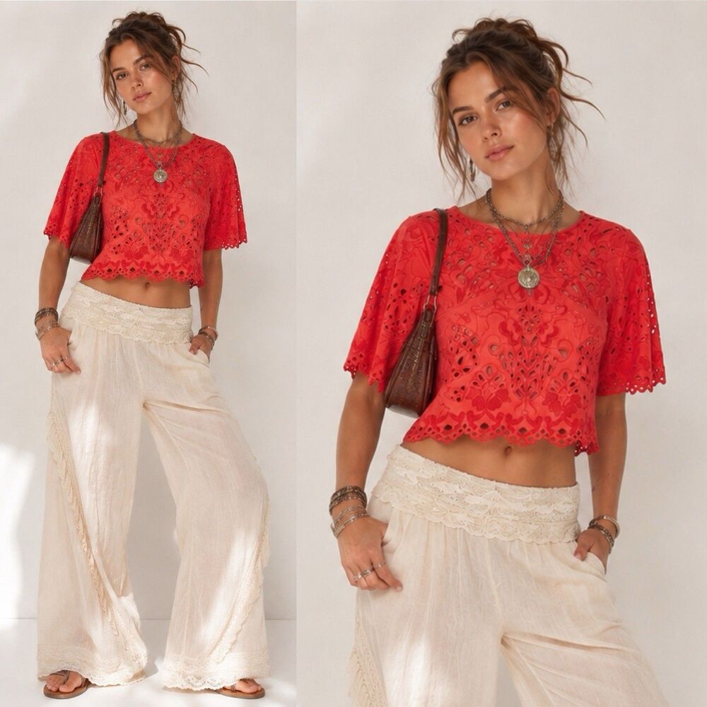 Vintage Bebe Top Medium Coral Orange Cutwork Embroidery Scalloped Hem Y2K